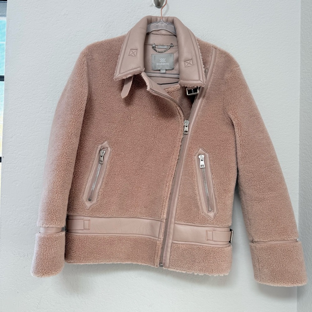 Soia & Kyo Biker Moto Jacket Sherpa Faux Fur Dusty Pink